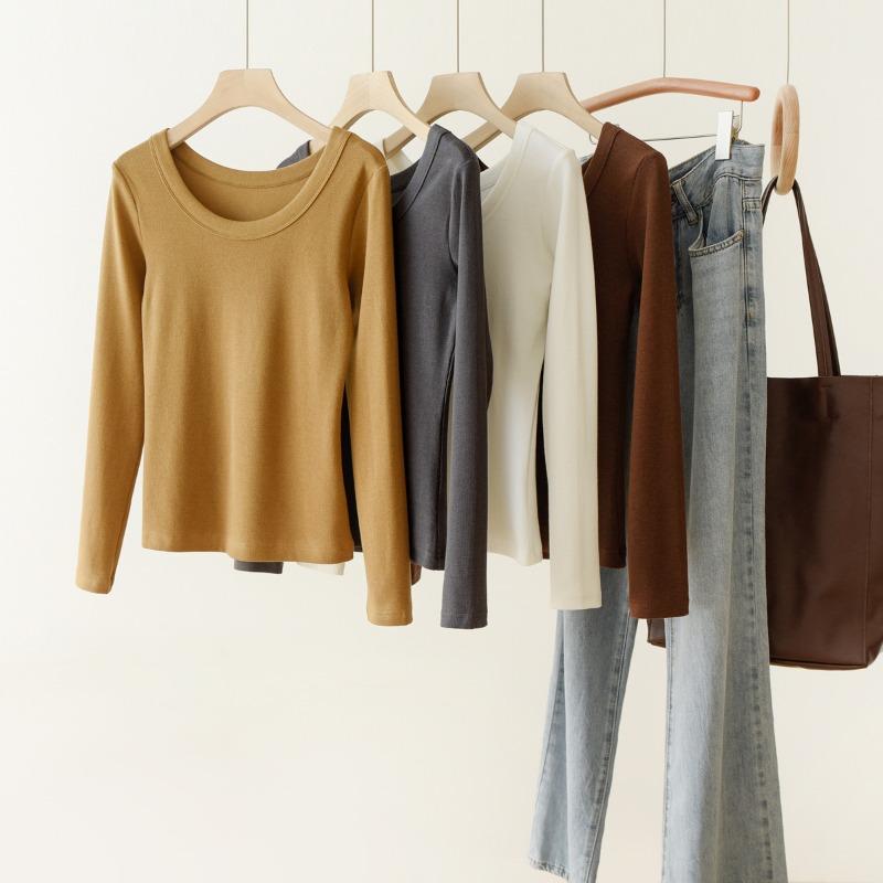 Damen U-Ausschnitt Langarm Figurbetont Einfarbig Lässig Basic Langarmshirt