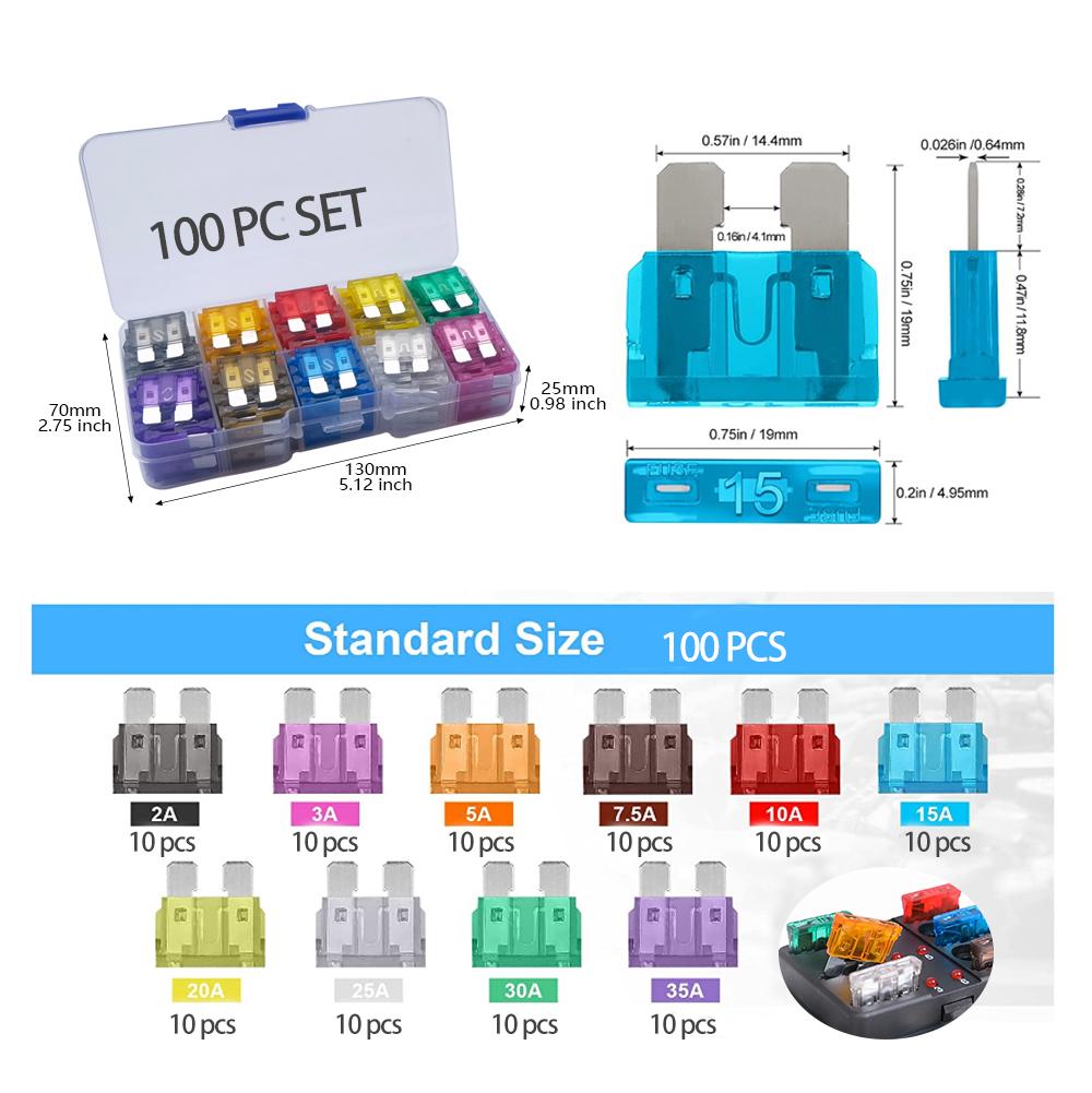 100pcs Standard Car Fuses 2A 3A 5A 7.5A 10A 15A 20A 25A 30A 35A Free Matching Choice Car Fuses Blade Fuses for RV/Truck/SUV