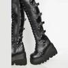 Womens Punk Edge Knee High Boots - Fashionable Platform Wedge Heel - Soft Round Toe Secure Lace-Up Design - Durable Chunky Sole