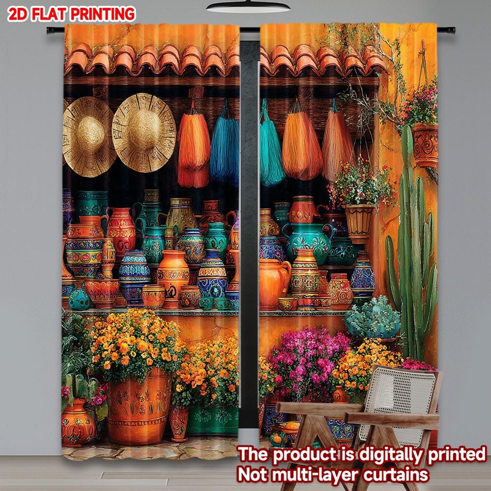 Set Of 2 Bohemian Pottery Cactus Desert Curtains Vibrant Hats Vases Blooming Flowers Living Room Bedroom Decor Curtain Polyester Ideal For Great