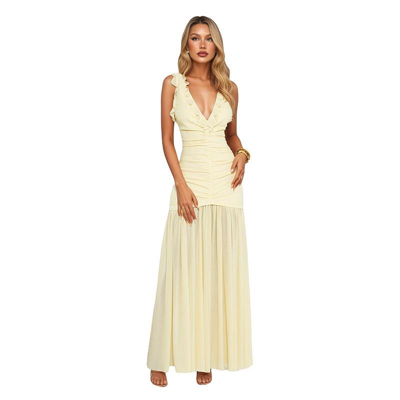European and American women's clothing summer new solid color casual sleeveless suspender mesh splicing design long dress