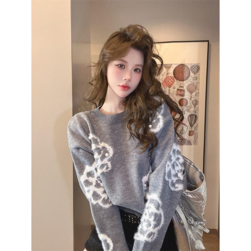 Flower Jacquard Pearl Women's Sweater Round Neck Pullover Knitted Sweaters Korean Autumn Winter New Loose Woman Top