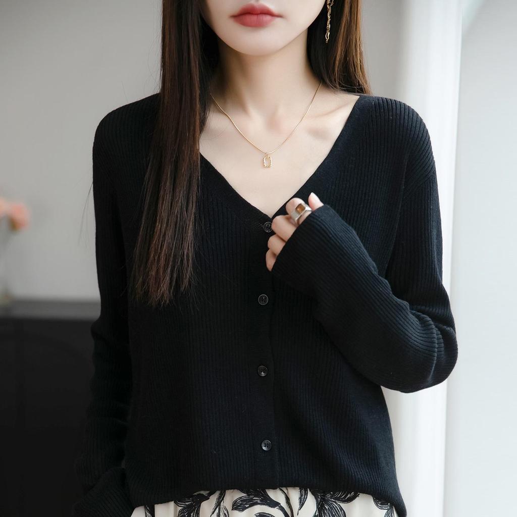 Damen Wollmischung Feingerippter V-Ausschnitt Cardigan Pullover