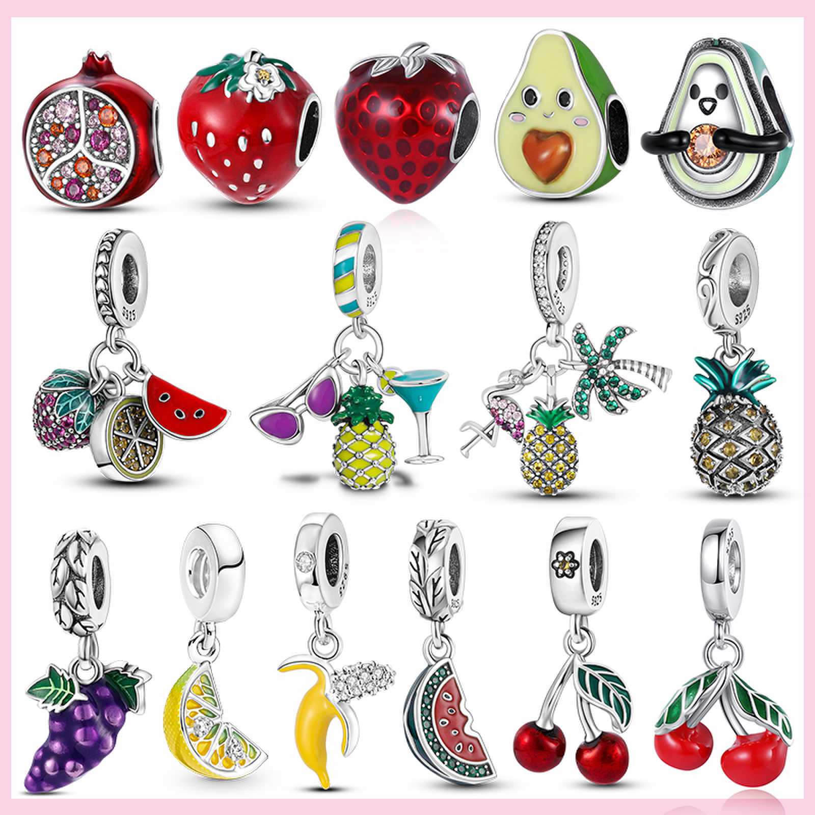 

Новый стерлингового серебра 925 пробы с авокадо, вишней и фруктами, подвески с клубникой и виноградом, бусины для оригинального браслета, ювелирные изделия