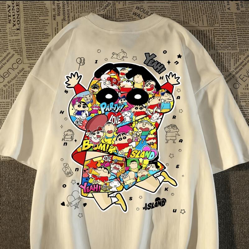 

Japanese Retro Street Crayons Small New 100% Cotton Puzzle Print Short-sleeved T-shirt Summer Unisex High Street Trend Korean 4XL