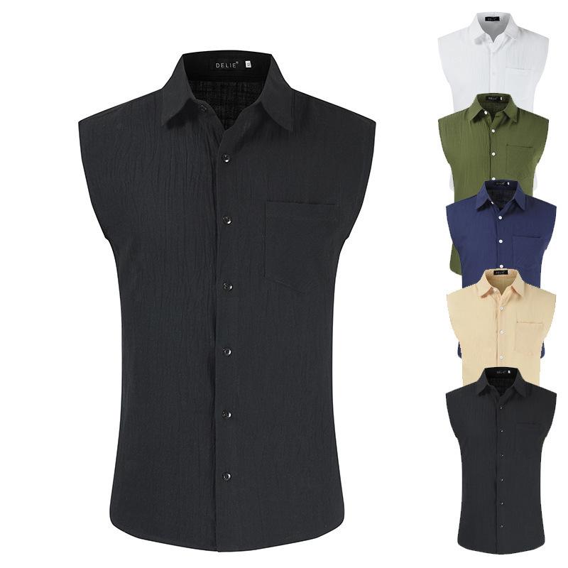 Nuova Camicia da Uomo in Lino Senza Maniche per Primavera e Autunno Gilet Semplice Casual Gilet in Lino con Tasca Decorativa Top