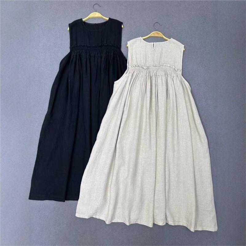 Johnature Casual Sleeveless Style Dress For Women Summer Casual Loose Simple Elastic Waist Dresses