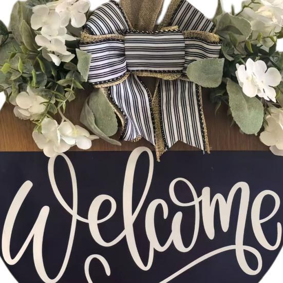 Front Door Welcome Sign Farmhouse Rustic Round Wooden Bowknot Letter Welcome Wreath All Seasons Indoor Outdoor Porch Door Hanger Wall Hanging