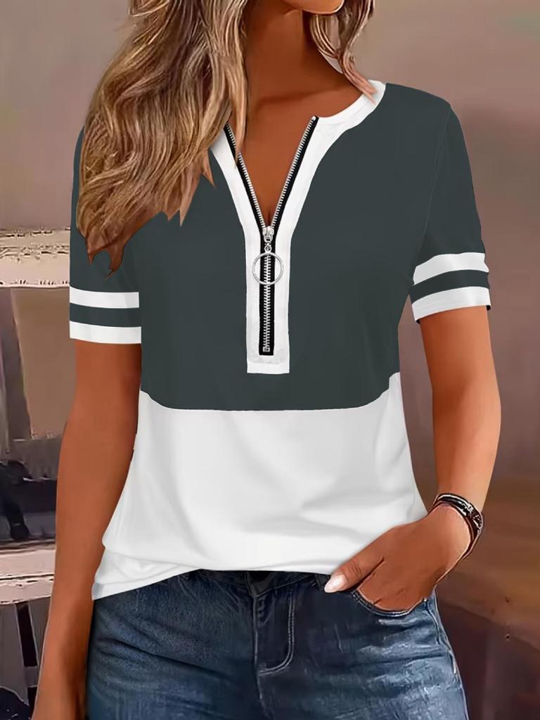 European-American Cross-border Fashion Color Block Zipper Short Sleeve Top