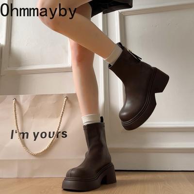Vintage Klobiger Absatz Damen Stiefeletten Mode Runde Zehen Reißverschlüsse Schuhe Herbst Winter Mordern Kurze Stiefel botines para mujeres