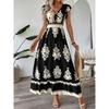 Fashion Style Summer New Arrival Fashion Printed V-neck High Waist Slimming Large Hem Dress Women's Vacation Style Beach Dress