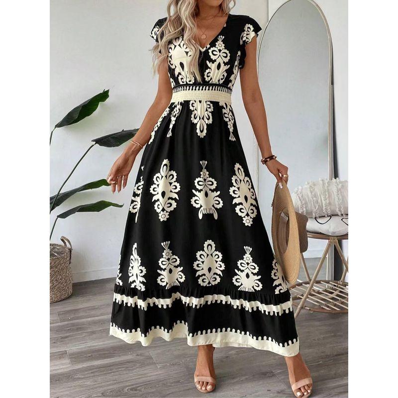 Fashion Style Summer New Arrival Fashion Printed V-neck High Waist Slimming Large Hem Dress Women's Vacation Style Beach Dress