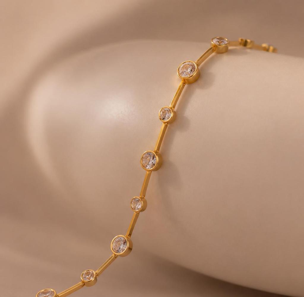 Diamond Station Bracelet, Dainty Jewelry, Gold Plated Anniversary, Luxury Minimalist Gift For Her