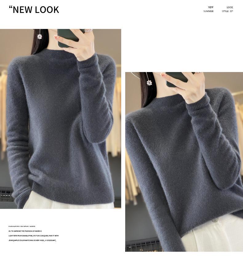 Women's Pure Wool Ribbed Sweater - Autumn/Winter Loose Fit Semi-High Neck Pullover