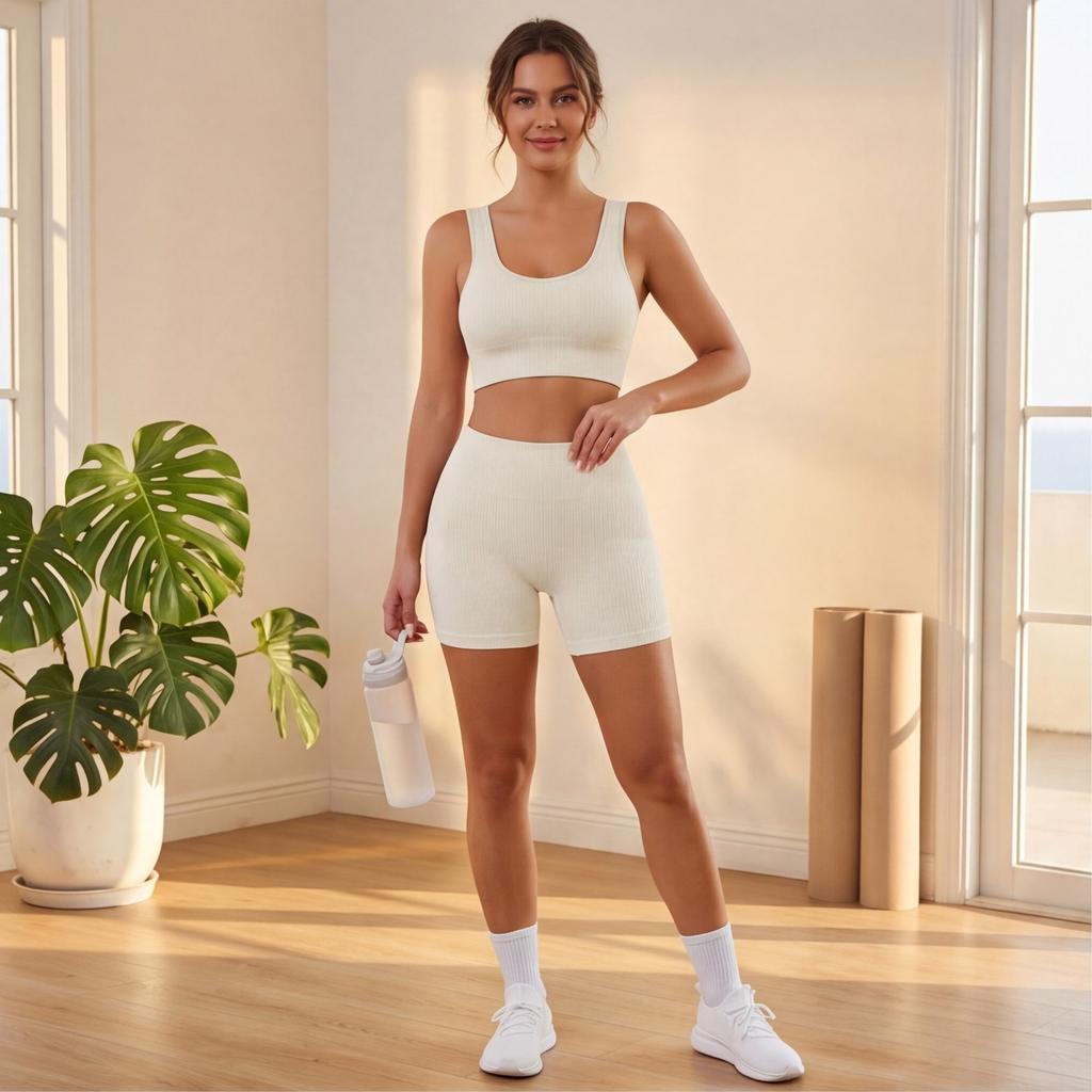 Completo da Allenamento Costine Senza Cuciture per Donna Due Pezzi Top Corto Sportivo e Pantaloncini a Vita Alta Abbigliamento Sportivo Outfit Yoga