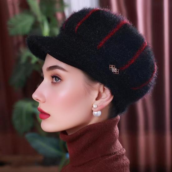 Women Winter Hat Thick Warm Knitted Hat Soft Velvet Slouchy Cap with Visor Brim for Middle-Aged And Elderly Ladies