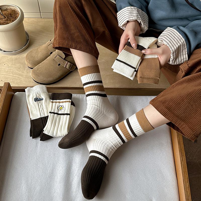 Female Spring and Autumn Pure Color Cotton Striped Embroidered Small Flower Boneless Long Tube Stack Socks