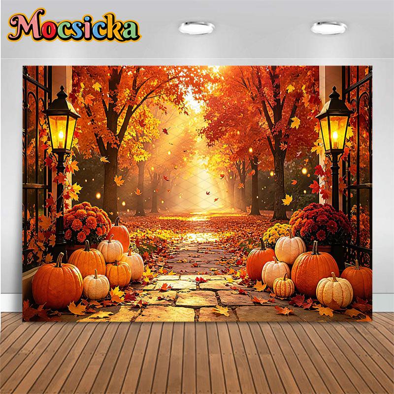 Mocsicka Autumn Maple Forest Pumpkin Photography Backdrop Thanksgiving Harvest Fall Leaves Background Banner Party Studio Decors Cotton-150x100cm