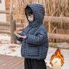 Kids Winter Children's Mid Length Plaid Down Jacket Windproof  Waterproof  Warm Hooded Jacket  College Style