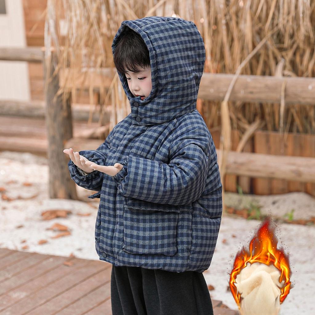 Kids Winter Children's Mid Length Plaid Down Jacket Windproof Waterproof Warm Hooded Jacket College Style