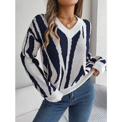 Women's Autumn and Winter Casual V-Neck Collision Colour Long Sleeve Pullover Bottom Sweater