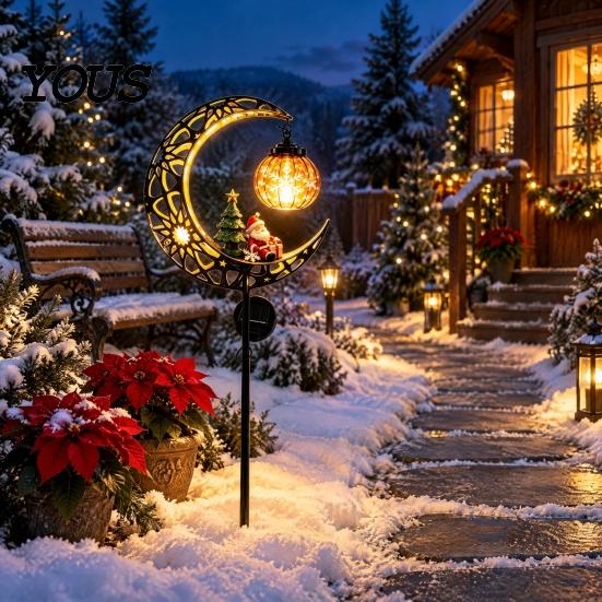 Winter Courtyard Christmas Decorations Solar Moon Light, Santa Snowman Crescent Garden Stake Warm Easy Install Ground Lights LED Glow, Festive Pathway