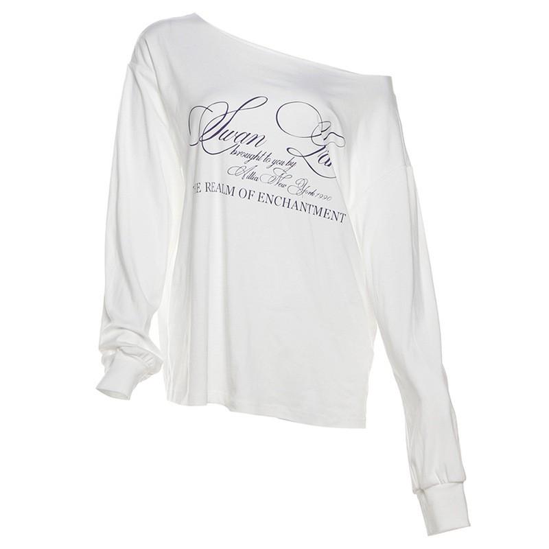 Womens Streetwear Letter Print Off Shoulder Short Sleeve Loose Fit T-Shirt Casual Top