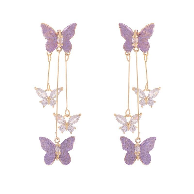925 Silver Needle Green Red Butterfly Long Tassel Earrings For Women Jewelry Trending Korean Fashion Crystal Drop Earrings