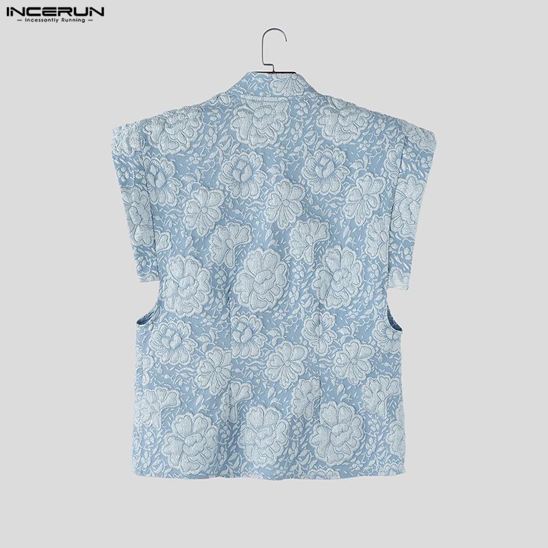INCERUN Camisetas Casuales para Hombre de Verano Vintage de Manga Corta con Textura y Flores