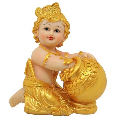 Statua Statuetta Idol di Krishna Pezzo da Esposizione Oggetti Decorativi per Decorazione Casa Stanza della Preghiera Soggiorno Camera da Letto Ufficio Regalo (d'oro), 13,9 cm, 6,3 cm