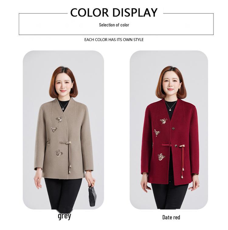 Mom's Embroidered Double-Faced Cashmere V-Neck Short Coat for Middle-Aged and Elderly Women - Autumn/Winter Fashion