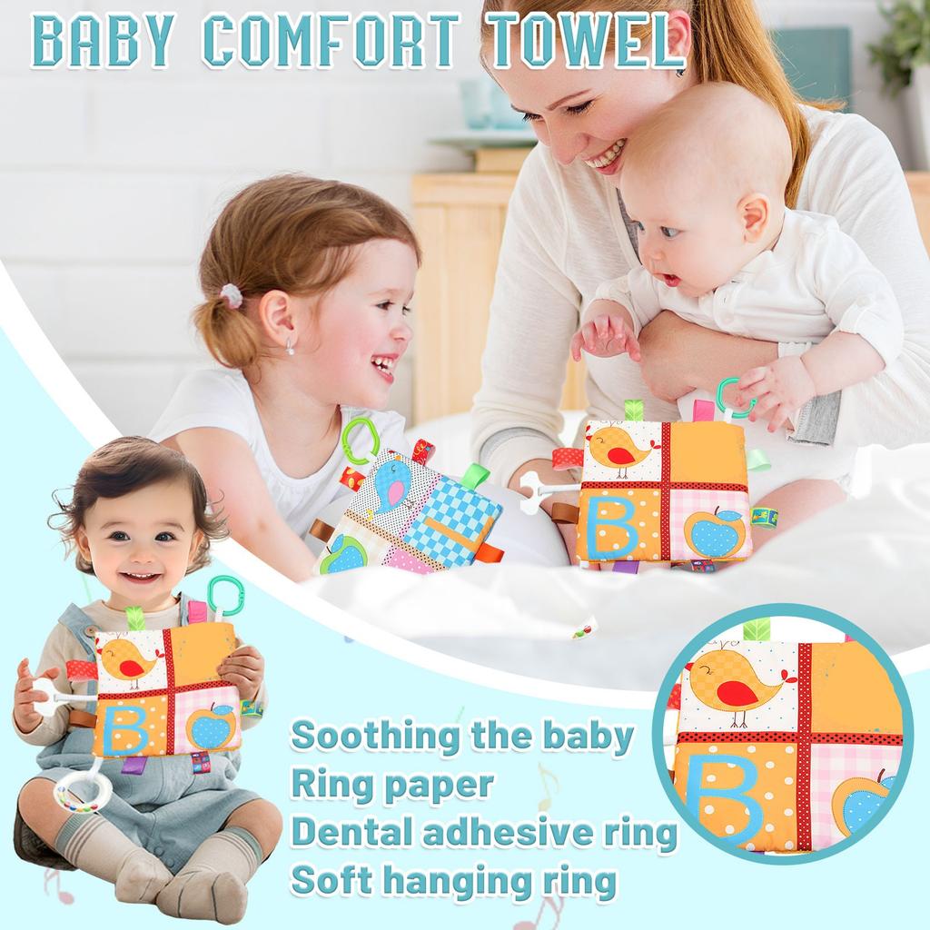 Baby Cartoon Label Comfort Towel, Soft Hanging Ring With Rattle Teether