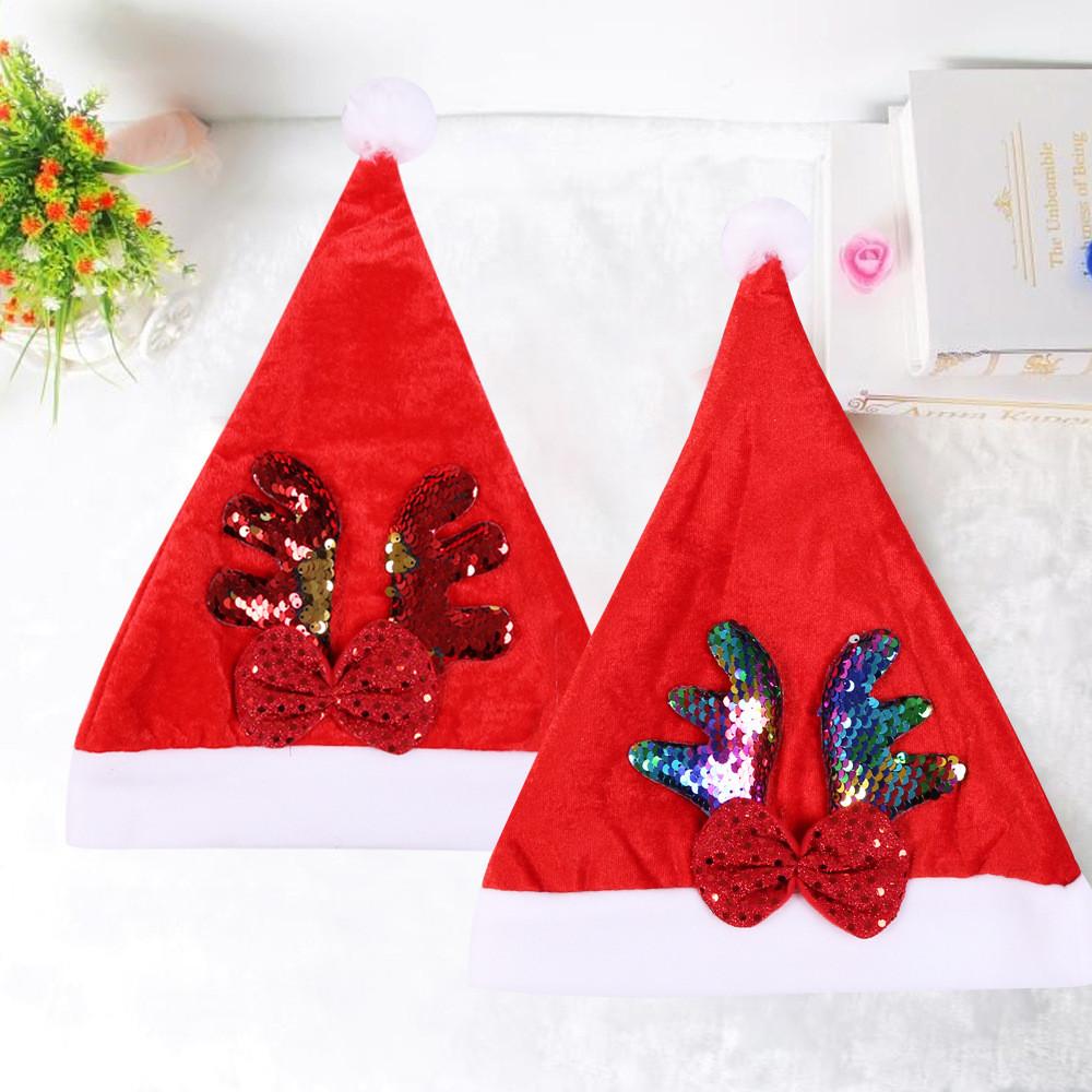 Red Eyecatching Doublesided Sequin Christmas Hat For Adults And Children With Antlers