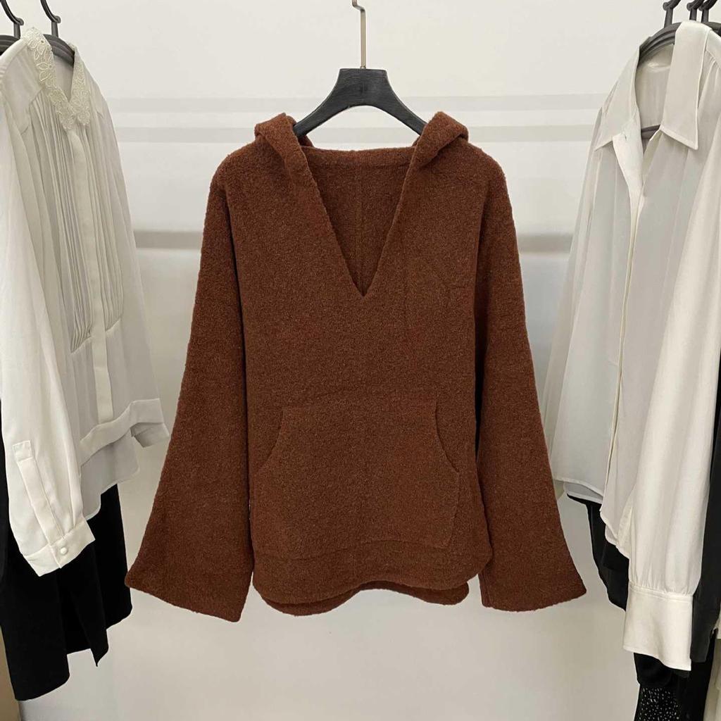 Leisurely Solid Color V-Neck Hooded Oversized Sweater with Kangaroo Pocket