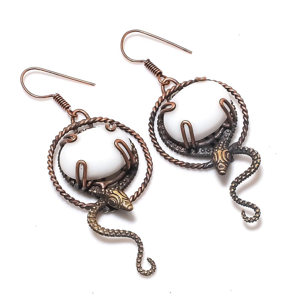 White Coral 999 Copper Wire Wrapped Earrings, Handmade Gemstone Earrings Jewelry, Gifts For Wife Brand New Earrings