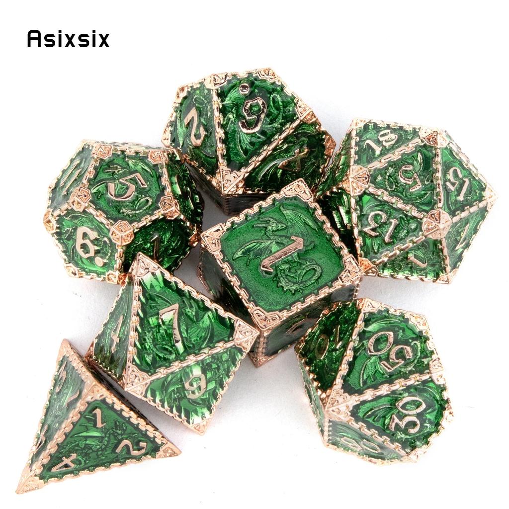 7 Pcs Green Golden Dragon Metal Dice Solid Metal Polyhedral Dice Set Suitable For Role-Playing Dice PropBoard Game Gift