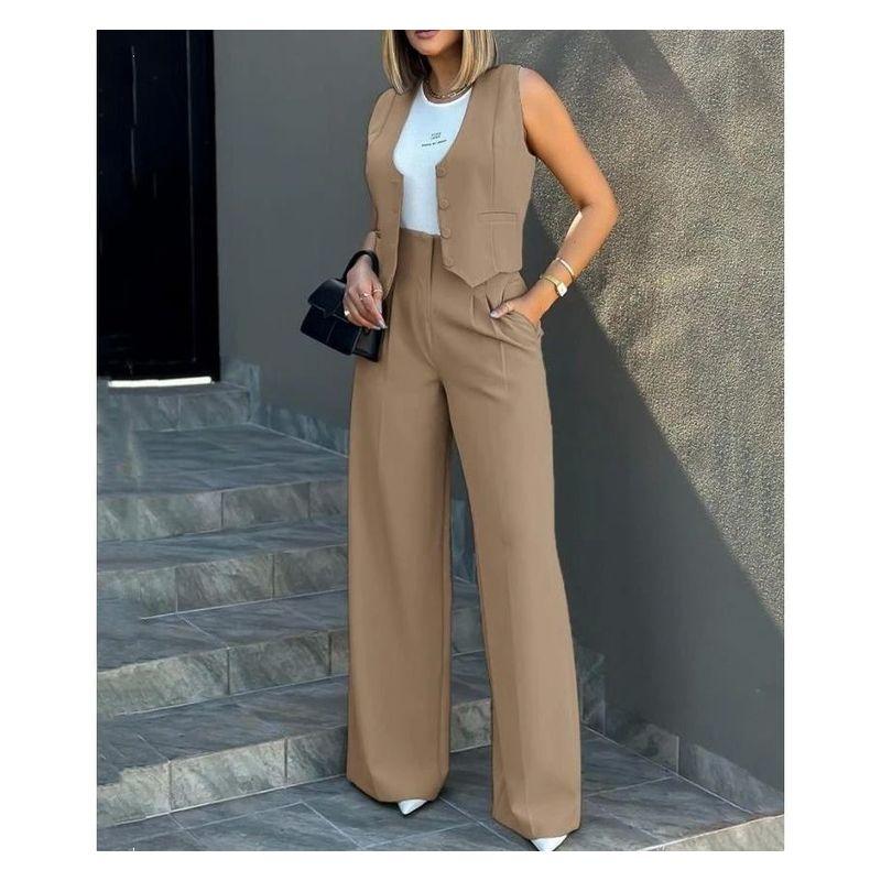 

Костюм Жилет Широкие брюки Костюм Жилет Свободные брюки Повседневный Костюм из двух частей Женский Khaki M