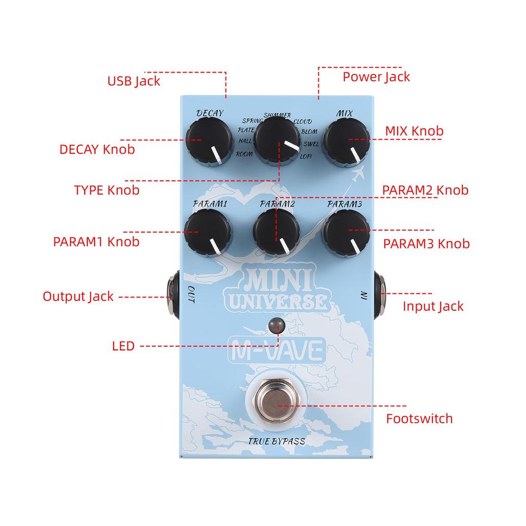 Guitar Effect Pedal Digital Reverb Pedal Digital Modeling Reverb Effector with 9 Mode Reverb Selection for Guitar Bass - MINI-UNIVERSE