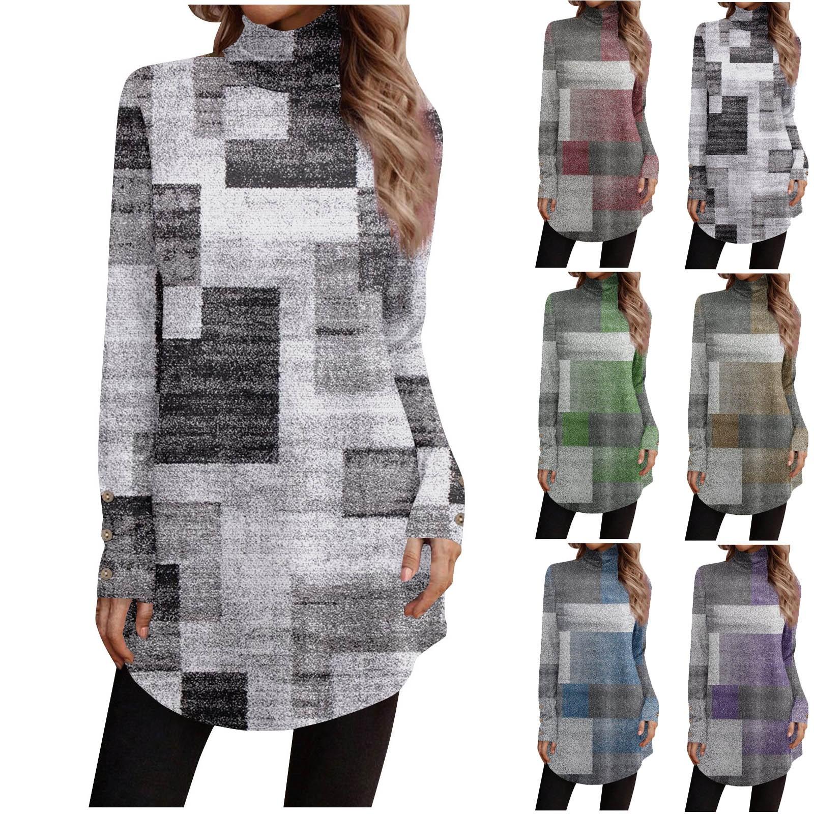 

Водолазка на пуговицах для женщин, повседневная водолазка с длинным рукавом, модная рубашка с принтом, топы, футболка, пуловер на пуговицах