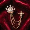 Men's Brooch Pin with Chain, British Crown Cross Angel Lapel Pin, Rhinestone Suit Badge with Tassel Chain for Men, Formal Wedding Party Suit Jacket