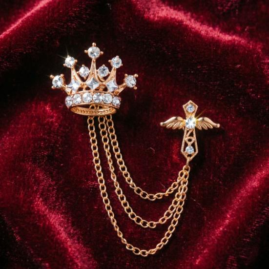 Men's Brooch Pin with Chain, British Crown Cross Angel Lapel Pin, Rhinestone Suit Badge with Tassel Chain for Men, Formal Wedding Party Suit Jacket