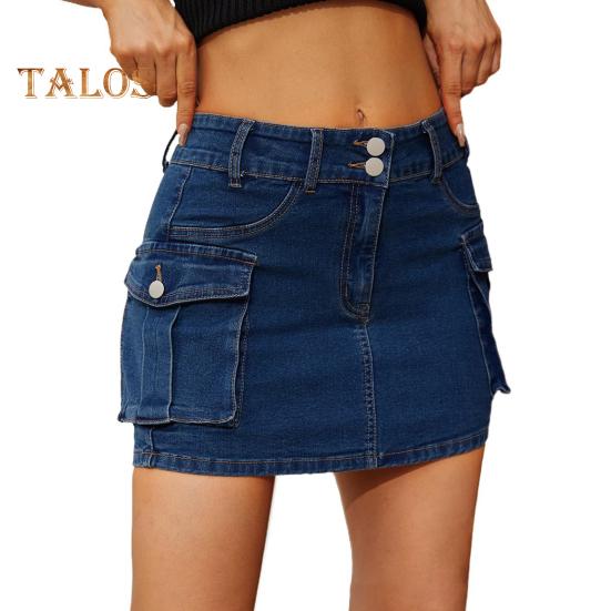 Mini fustă de blugi pentru femei Fusta cargo cu talie joasă cu buzunar, culoare solidă, cu buton, fermoar, fustă scurtă, îmbrăcăminte de stradă