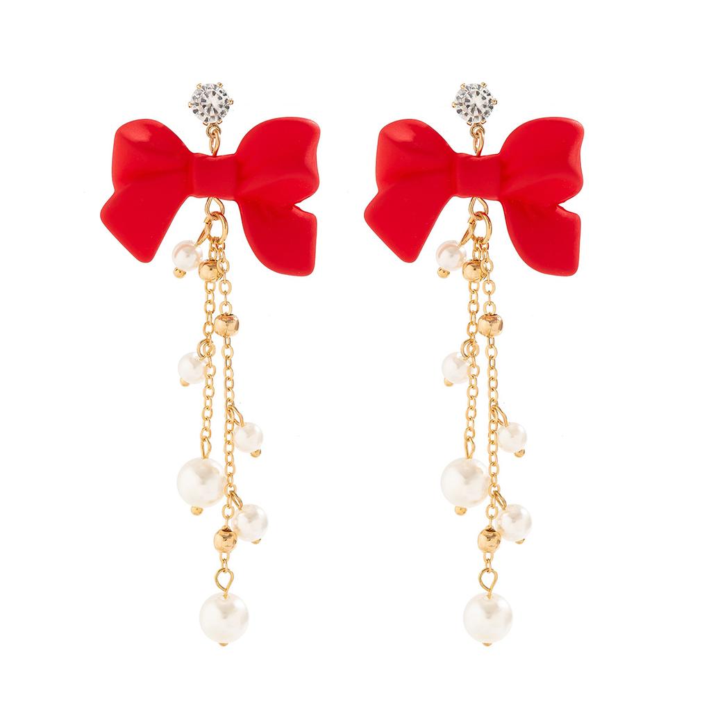 Accessories Sweet Cool New Year Red Bow Stud Earrings Temperament Imitation Pearl Fringed Earrings