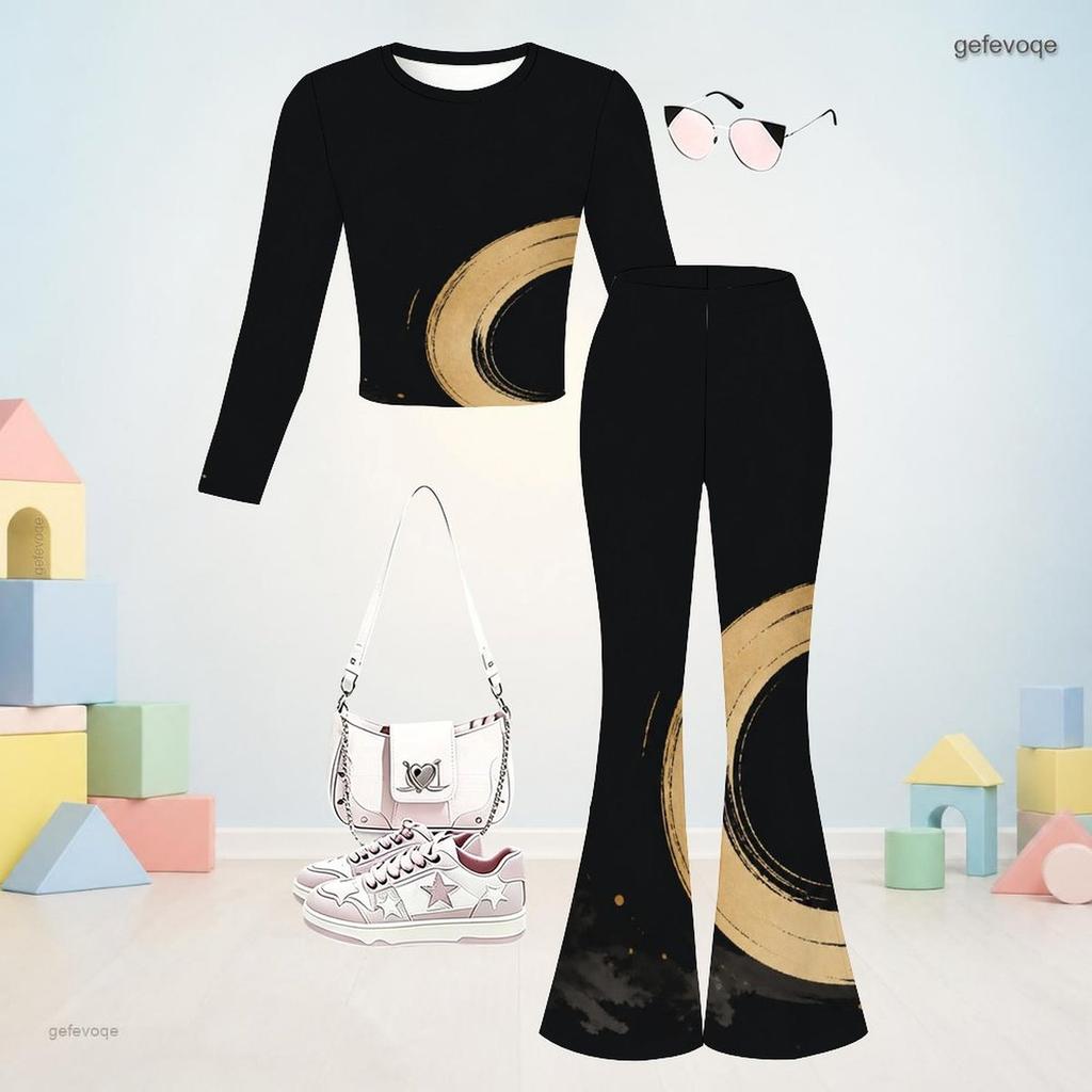 Girls Star Printed Round Neck Long Sleeve Top And Flared Pants Two Piece Outfit