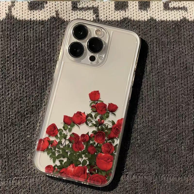 Art red rose for iphone16promax mobile phone case transparent apple 15 anti-drop 14pro Japan and Korea 13x