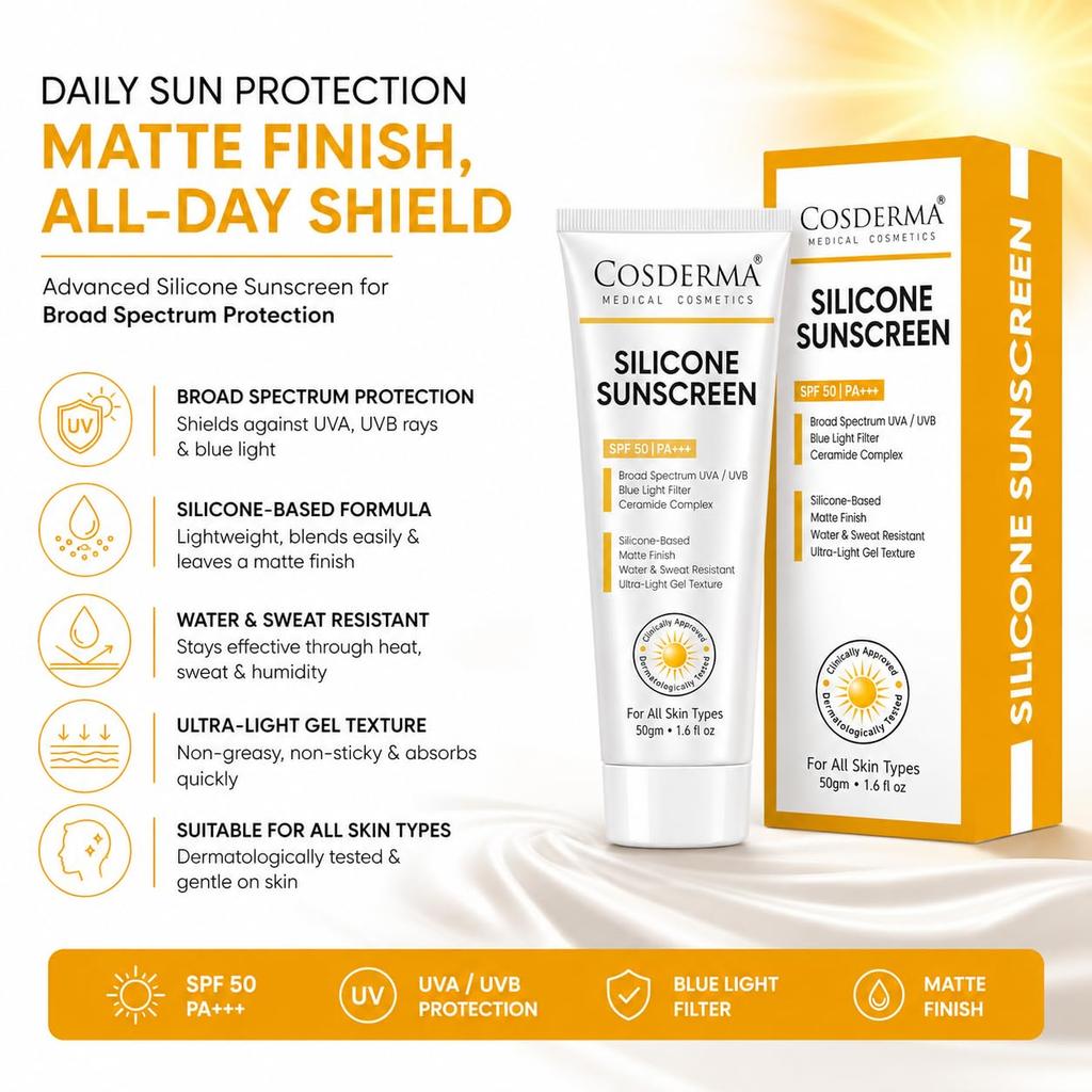 Silicone Sunscreen SPF 50 PA+++ | Broad Spectrum UVA/UVB & Blue Light Protection | Matte Finish Water-Resistant Gel with Ceramide Complex, Aloe Ver