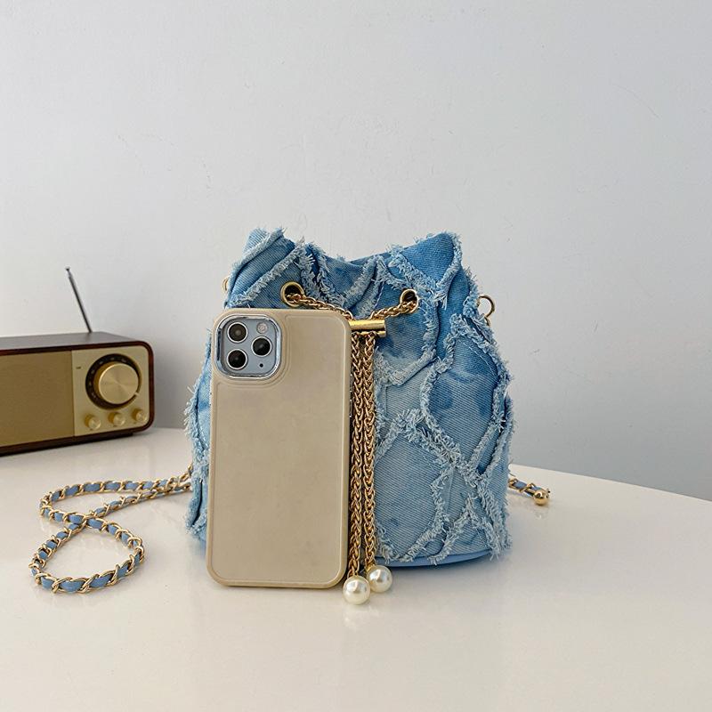 Denim Bag Bag Summer 2025 New Korean Version Fashion Splicing Shoulder Ins Net Celebrity Ladies Crossbody Bucket Bag