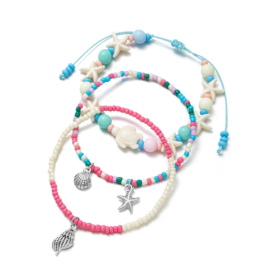 Bohemian Style Three-Layer Beaded Anklet, Vacation Ankle Chain with Turtle, Starfish and Conch Marine Elements