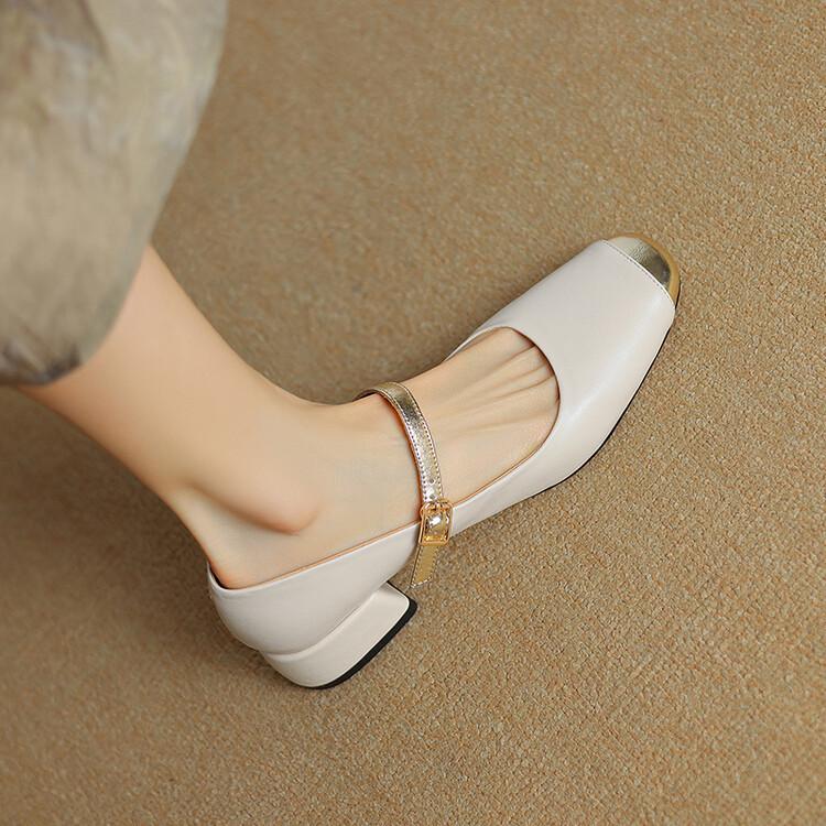 

Женские квадратные туфли Мэри Джейн из натуральной кожи ручной работы в Чэнду, на среднем каблуке - Французский шик. 39 бежевый