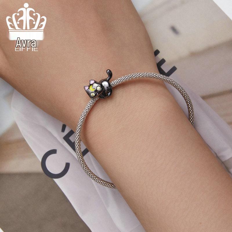Sterling Silver S925 Moon Cat Beaded Bracelet with Black Gold Plated Zircon Halloween Beads